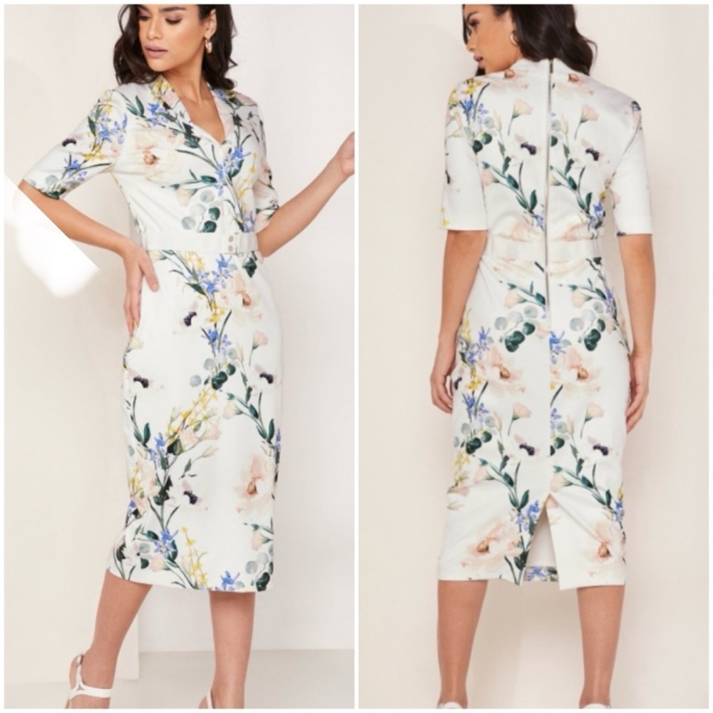 TED BAKER FLORAL BODYCON MIDI DRESS L